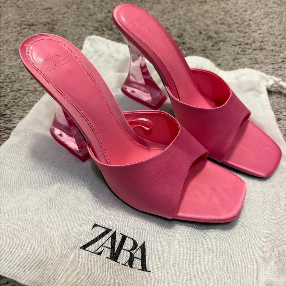 ZARA Pink Slide Sandals with Clear Sculptural Heel - Picture 1 of 6